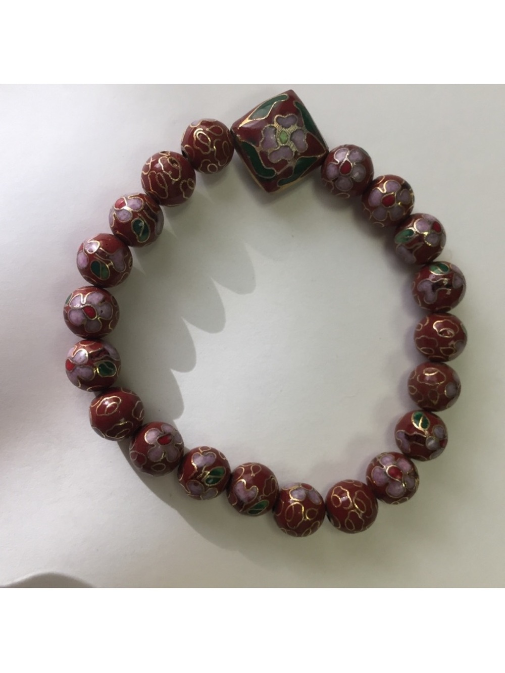 BRACELET ENAMEL CLOISONNÉ BEADS RED BROWN FLOWER STRETCH
